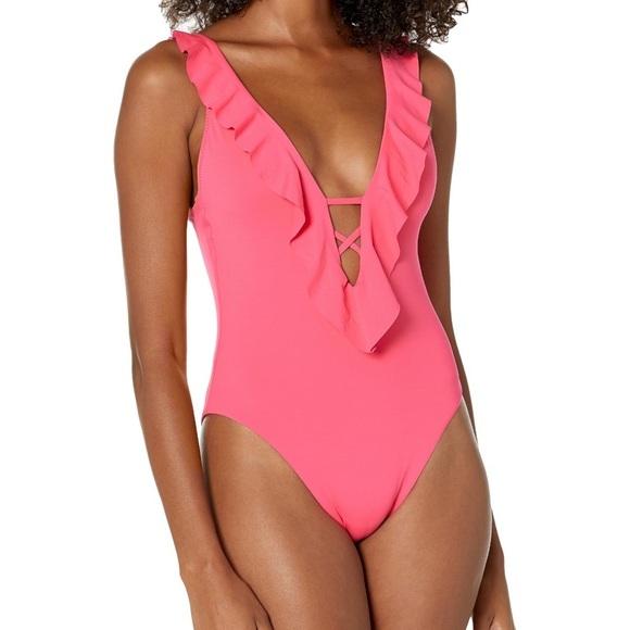 BECCA Other - Becca 2 PIECES Swimsuit + Skirt Small Pink Plunge Ruffle